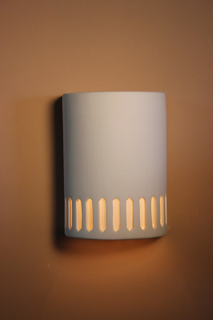 B8172B  Ceramic Cylinder Lighted Wall Sconce Sharp Slots Bottom Band