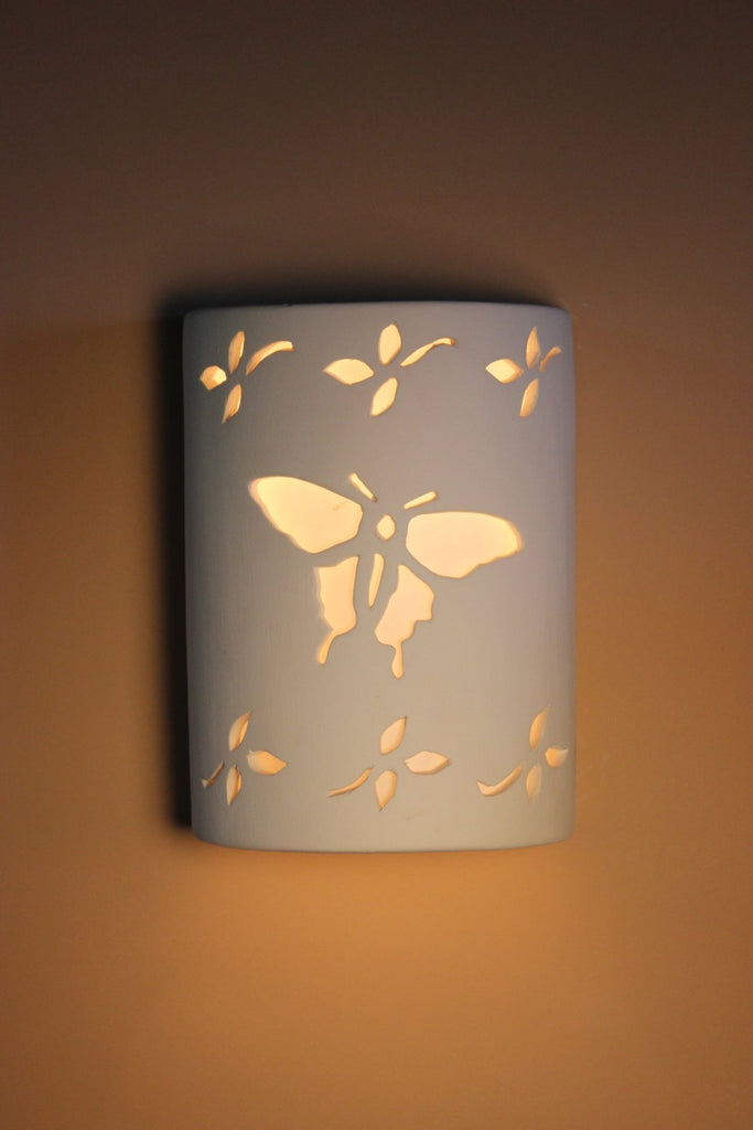 B842 Ceramic Cylinder Lighted Wall Sconce Butterfly Top and Bottom Flowers