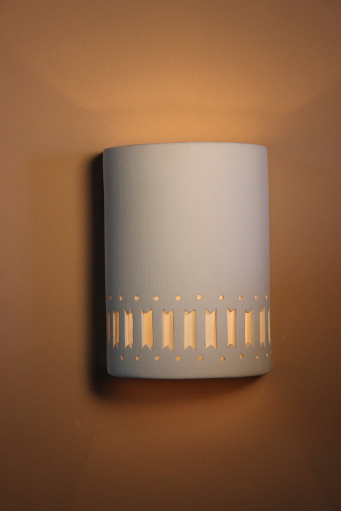 B8173 Ceramic Cylinder Lighted Wall Sconce Hole and Ribbons Bottom Band