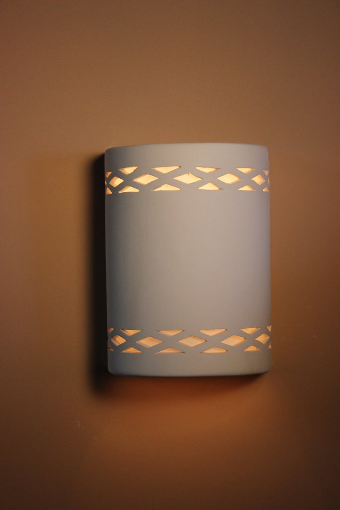B853 Ceramic Cylinder Lighted Wall Sconce Double Diamond Banded