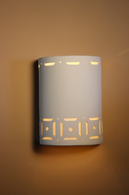 B8114 Ceramic Cylinder Lighted Wall Sconce  Hole and Trapezoid Double Banded