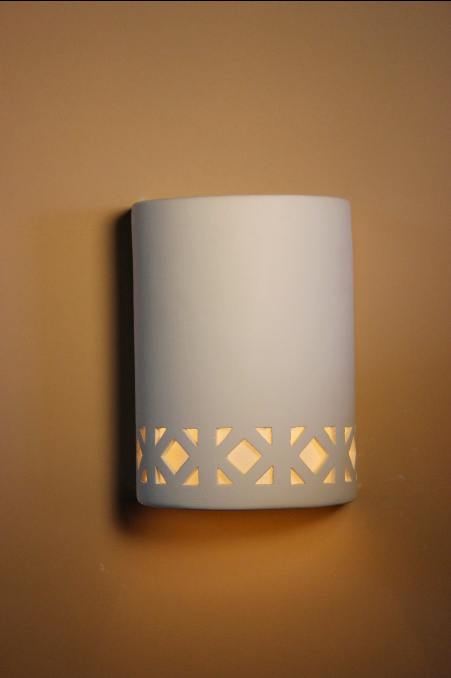 B8115 Ceramic Cylinder Lighted Wall Sconce Bottom Banded Lattice